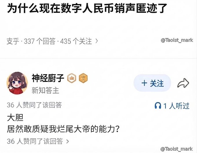 A Zhihu Q&A screenshot asks "为什么现在数字人民币销声匿迹了" (Why has the digital yuan disappeared from public discussion?) under the 支乎 topic, with a top answer by user "神经厨子" joking "大胆 居然敢质疑我烂尾大帝的能力？" (How dare you question my unfinished-project emperor's abilities!). The image humorously complements the post's skepticism about the digital yuan's hype versus its actual progress, poking fun at stalled initiatives.