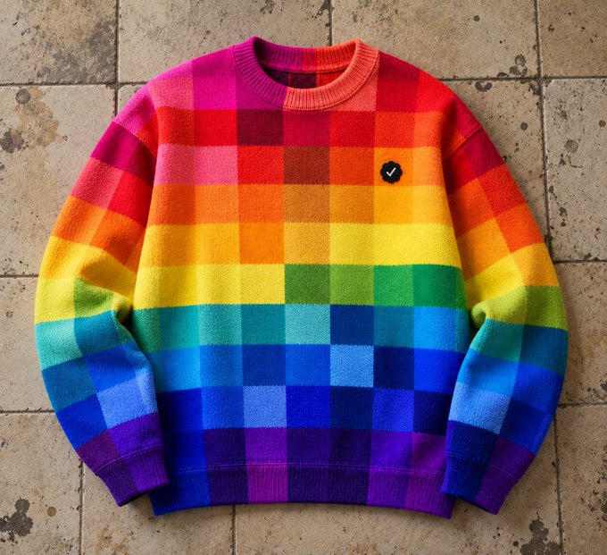 A rainbow checkered knit sweater with a small black logo patch displayed flat on a tiled surface.
