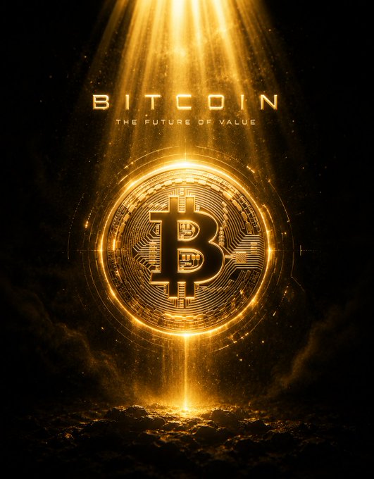 A glowing golden Bitcoin coin with the text 'BITCOIN' and 'THE FUTURE OF VALUE' above it, illuminated by divine light rays against a dark, cloudy background.