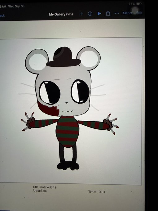 A photo of a tablet displaying a cartoon character resembling a bear or mouse with big eyes, wearing a brown hat and a red and green striped shirt, titled 'Untitled342' by artist Zola.