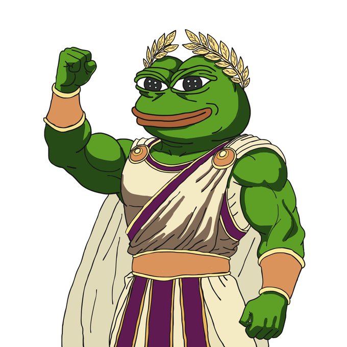 A muscular green Pepe the Frog dressed as a Roman emperor, wearing a laurel wreath and white toga with a purple sash, raises his fist triumphantly in a cartoon illustration. The image matches the post's description of "Caesar Pepe," portraying the meme character in a victorious, imperial pose to celebrate the addition to an art set.