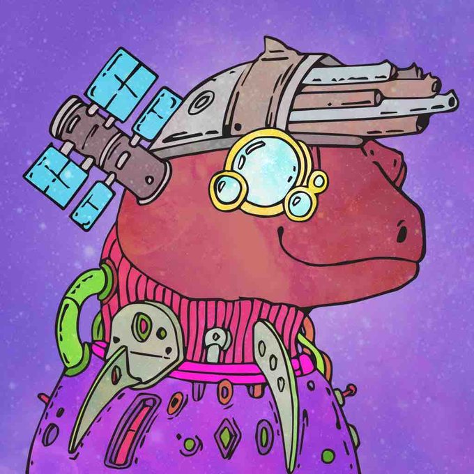 A colorful illustration of a cybernetic red dolphin-like creature with mechanical augmentations, including a satellite array, a multi-barrel gun mounted on its head, a yellow goggle-like eye device, and a purple armored body with green tubes, set against a starry purple background.