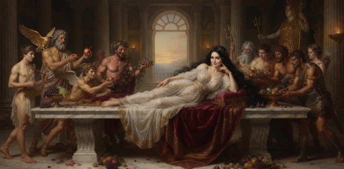 This digital painting, accessible via the provided link (objkt.com/tokens/KT1EvGP), depicts a classical mythological banquet where a central woman lies gracefully on a long table amidst various gods and figures. The image serves as a literal visual representation of the caption "Lie down and rest is always a good choice."