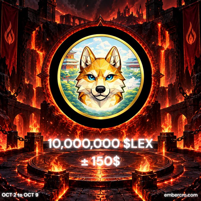 A promotional graphic for $LEX tokens showing '10,000,000 $LEX ± 150$' with a wolf logo, flames, and text 'OCT 2 to OCT 9' and 'embercro.com'.