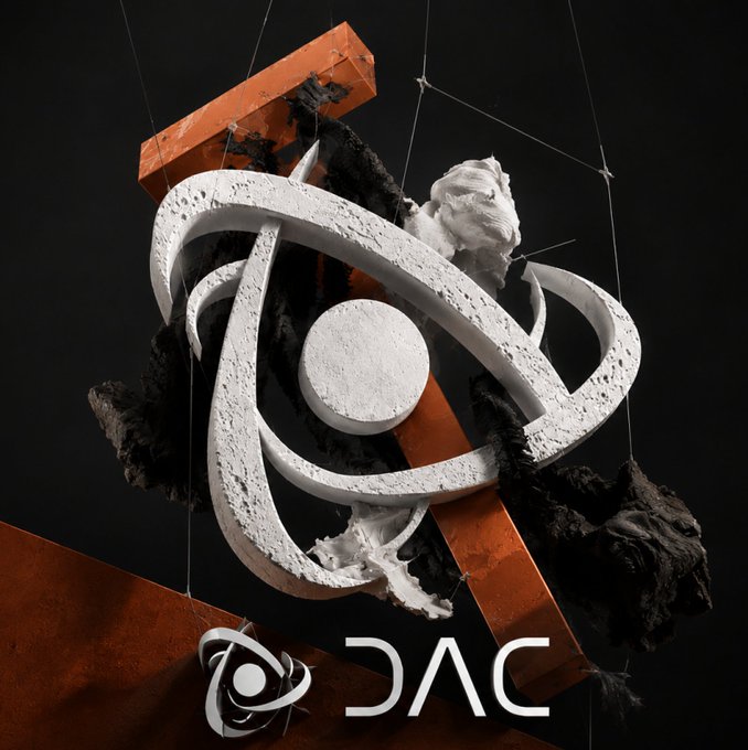 A 3D rendered artistic composition featuring a white textured eye logo with the text 'DAC' below, mounted on an orange cross-like structure with black rocky elements and a classical sculpture head in the background.