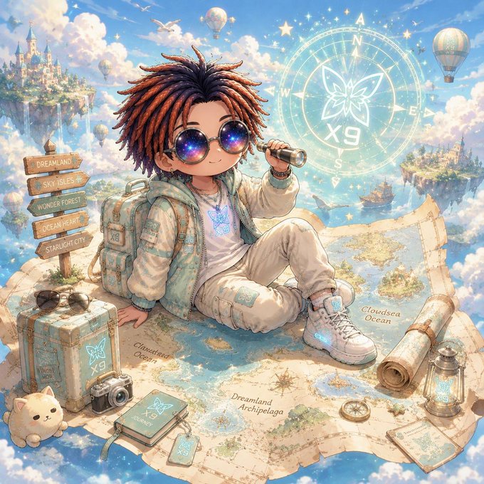 An anime-style illustration of a young traveler with galaxy-reflecting sunglasses sitting on a floating world map, holding a telescope toward a compass with an "X9" butterfly emblem, surrounded by a backpack, journal, and signs pointing to "DREAMLAND," "SKY ISLES," "WONDER FOREST," "OCEAN HEART," and "STARLIGHT CITY."