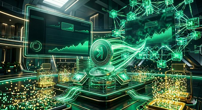 urns of gold and green light up a futuristic room, with a large screen displaying a graph and a green coin on display.