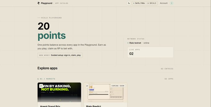 A webpage screenshot from 'Playground App Catalog' showing '20 points' balance, 'Rialo testnet' network status with '02 LIVE APPS', and exploring apps like 'Anent Grand Prix' and 'Rialo Predict'.