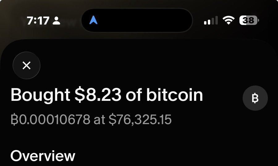 A screenshot from Apple Wallet showing a Bitcoin purchase of $8.23, equivalent to ₿0.00010678 at a price of $76,325.15.