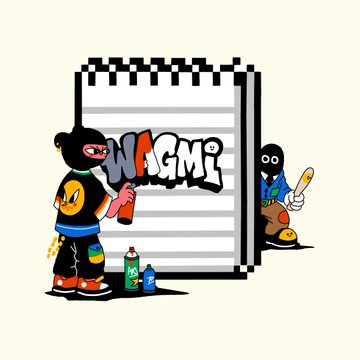 A cartoon illustration featuring graffiti-style 'WAGMI' text with two hooded characters, spray paint cans, and a notepad against a checkered background.
