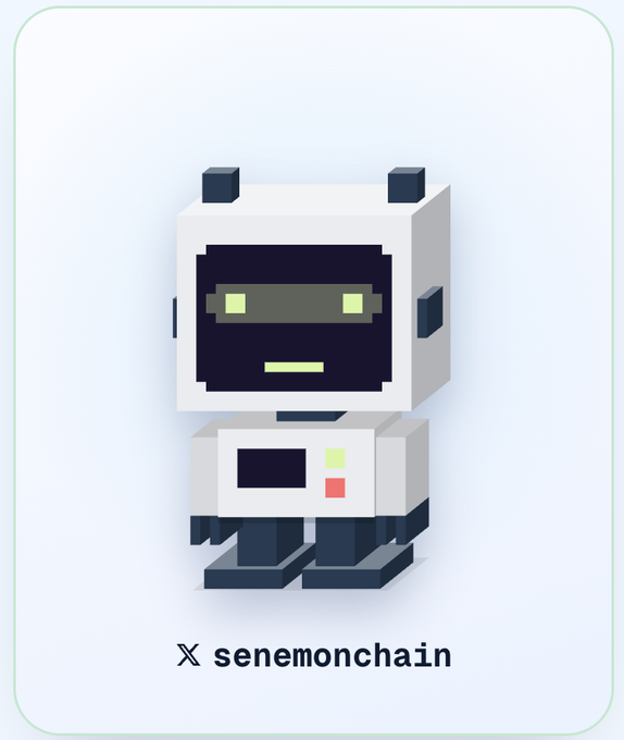 A simple blocky robot illustration appears above the text “X senemonchain.”