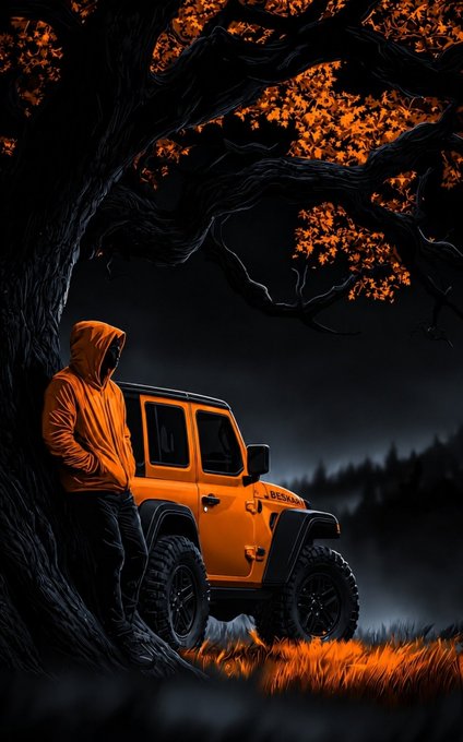 A stylized digital artwork of a figure in an orange hoodie standing against a black tree with orange foliage, next to an orange Jeep Wrangler Rubicon in a moody forest setting.