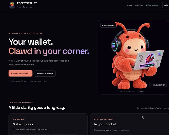 A landing page for 'Pocket Wallet' featuring the tagline 'Your wallet. Clawd in your corner,' with a red plush mascot wearing headphones and using a laptop displaying the 'musebook.trade' logo.