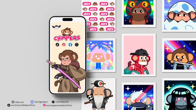 The image features a cell phone with an app cover for Chimpers. The background of the image is white, which contrasts nicely with the colorful and vibrant artwork displayed on the cell phone's screen. There are several images of cartoon characters or monkey-themed designs on the phone's display, showcasing the creative nature of the Chimpers project. The text in the image reads: "In my opinion, Chimpers is one of the few NFT projects that has consistently delivered on what it set out to do." This statement emphasizes the user's admiration for the app and its features.