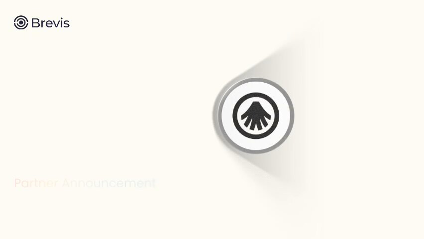 The image features a logo for Brevis, which is a circle with an arrow pointing towards it. The text "Partner Announcement" is written below the logo. The background of the image is white, and there are two black icons present in the image - one on top left corner and another on bottom right corner.
