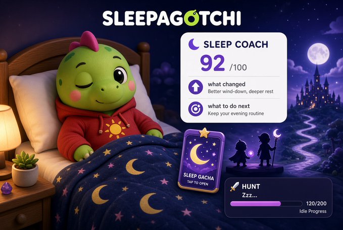 A promotional image for 'SLEEPAGOTCHI' shows a cartoon dragon character in pajamas sleeping in a bed, alongside a 'SLEEP COACH' score of 92/100, a 'SLEEP GACHA' card, and a 'HUNT' progress bar at 120/200.
