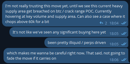 A screenshot of a trading chat showing messages about BTC market conditions, with the user noting heavy supply hovering at key volume levels around 64k, illiquid perps-driven price action, and cautious sentiment before heading out. The accompanying post describes scaling into a short position between 63.2k–64.5k with invalidation above ~65k, consistent with the cautious tone about weak buying and overhead resistance visible in the chat.