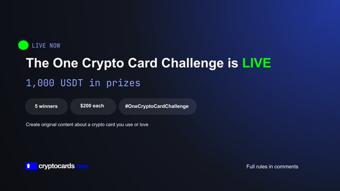 A promotional graphic announces 'The One Crypto Card Challenge is LIVE' with 1,000 USDT in prizes, awarding $200 each to 5 winners for creating original content about a crypto card, hosted by cryptocards.one.