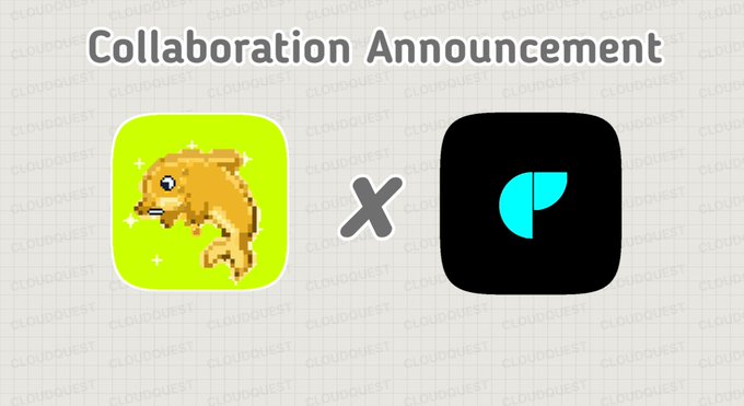 A 'Collaboration Announcement' graphic featuring two app icons: a pixel art pufferfish on a green background and a black icon with a cyan shape, separated by an 'X'.