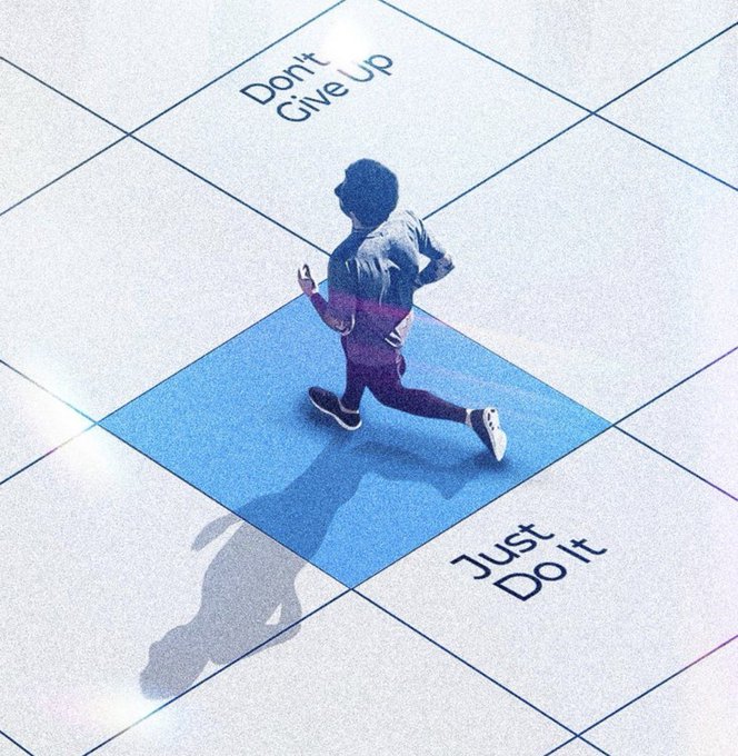 An illustration of a silhouetted figure running on a blue grid path with the text 'Don't Give Up' ahead and 'Just Do It' behind.