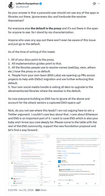 A tweet by Lefteris Karapetsas (@LefterisJP) criticizing Ethereum Name Service (ENS) governance and proxy dependencies, with 324 views, posted June 25, 2026.