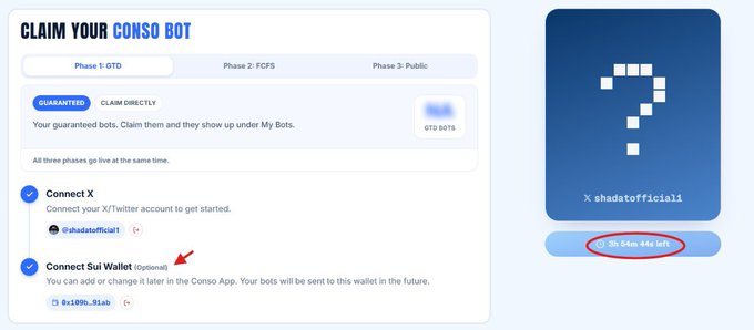 A tutorial-style screenshot reads “CLAIM YOUR CONSO BOT,” with phases “OTD,” “FCFS,” and “Public,” steps “Connect X” and “Connect Sui Wallet (Optional),” and a QR code labeled “shadaofficial1.”