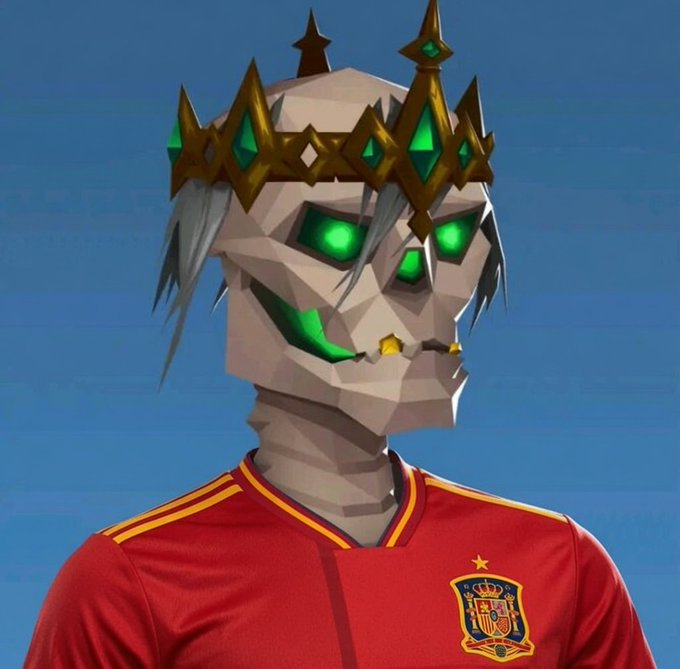 A 3D-rendered character with a skull-like face, glowing green eyes, and a golden crown with green gems, wearing a red Spanish national football team jersey.