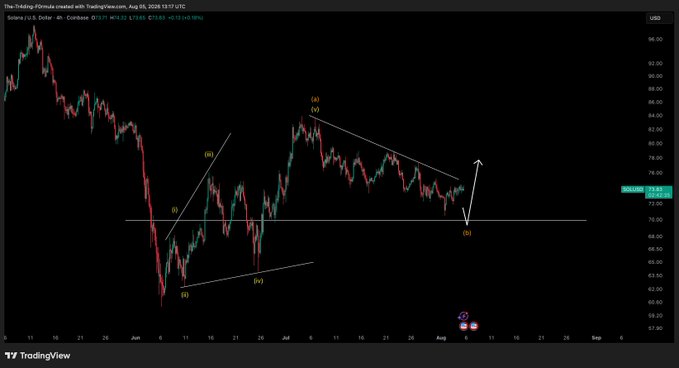A TradingView chart of Solana ($SOL/USD) on the 4-hour timeframe showing price action around $73.71, with Elliott Wave labels (i)-(v) and (a)-(b) marked on a downward corrective structure, illustrating the analyst's expectation of a potential leg down to complete the wave before finding a safe entry point.