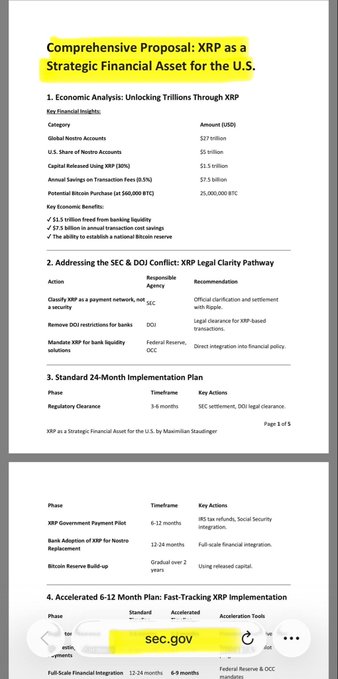 Document titled 'Comprehensive Proposal: XRP as a Strategic Financial Asset for the U.S.' by Maximilian Staudinger, detailing an economic analysis of XRP and a 24-month implementation plan, with 'sec.gov' highlighted.