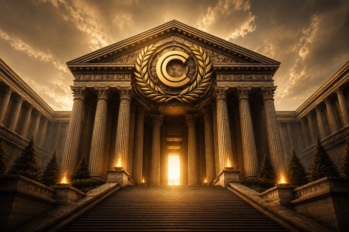 A grand classical-style building with tall columns, featuring a large golden 'C' emblem with a laurel wreath above the entrance.