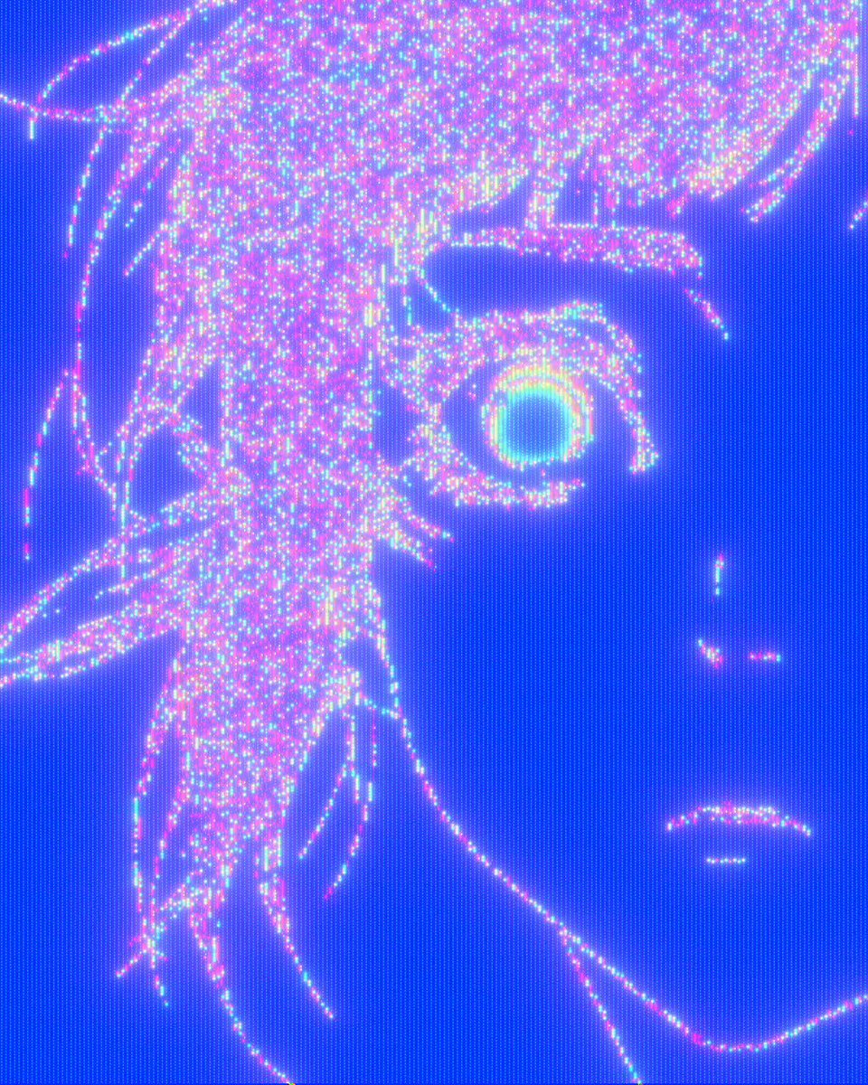 The image features a close-up of a person's face, with their hair styled in an unusual manner that resembles a flame or neon light effect. The background appears to be blue, which complements the unique lighting style of the person's hair. The caption on the image reads "Auction started 一目惚れ — Hitomebore ." and "Focus on what is in the image and how it relates to the post".