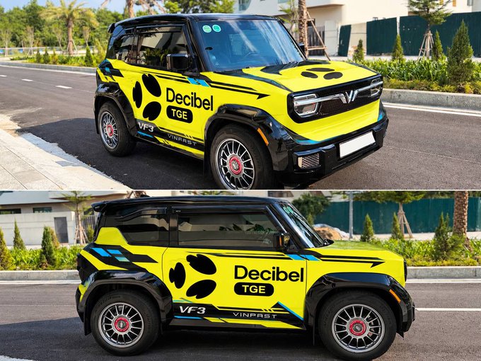 Two views of a yellow and black VinFast VF3 electric car wrapped with 'Decibel TGE' branding and paw print graphics, shown from front and side angles parked on a street.