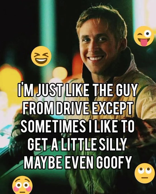A meme image featuring actor Ryan Gosling as the Driver from the film "Drive," smiling with various emojis around him, with overlaid text reading "I'M JUST LIKE THE GUY FROM DRIVE EXCEPT SOMETIMES I LIKE TO GET A LITTLE SILLY MAYBE EVEN GOOFY." The meme humorously contrasts a cool, stoic persona with a playful side, serving as a lighthearted visual accompaniment to promote Linn's Leverage newsletter (#1072) tagging various DeFi/crypto projects.