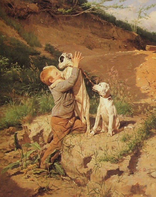 A classical painting depicting a barefoot young boy in a gray jacket embracing a large dog on a dirt hillside, while a smaller white puppy sits nearby watching them.