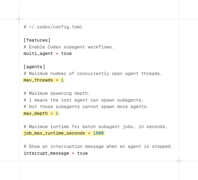 A screenshot of a Codex `config.toml` configuration file showing agent settings including `multi_agent = true`, `max_threads = 1`, `max_depth = 1`, `job_max_runtime_seconds = 1800`, and `interrupt_message = true`, illustrating recommended tweaks to the default subagent settings.