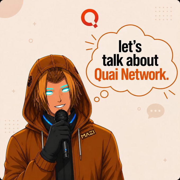 An anime-style illustration of a hooded character with glowing blue eyes holding a microphone, wearing a jacket labeled 'MAZI', with a speech bubble reading 'let's talk about Quai Network.'