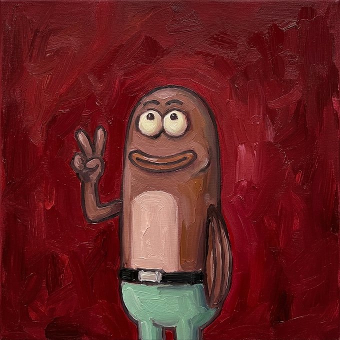 A painting in an expressive style features a brown, finger-like character with eyes and a smile, making a peace sign with one hand, wearing a belt and green pants against a red background.