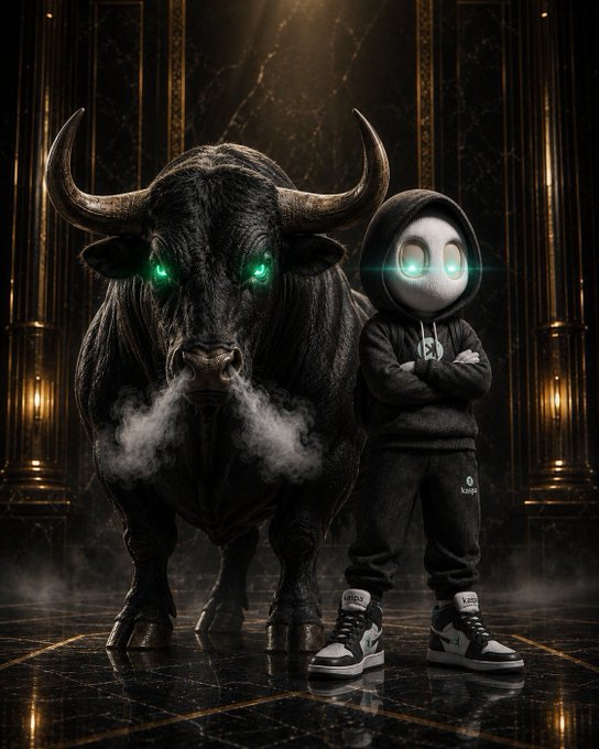 A dark, dramatic digital artwork featuring a hooded figure with glowing cyan eyes standing arms crossed beside a massive black bull with glowing green eyes and steam coming from its nostrils, set in a golden columned hall.