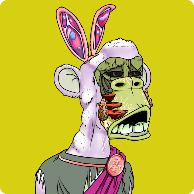 A cartoonish illustration of a grotesque monkey-like character wearing a pink bunny-eared hoodie and a green shirt, with a wide unsettling grin against a yellow background.