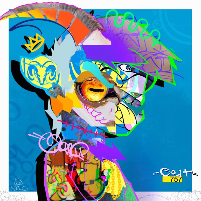 A vibrant, chaotic digital artwork featuring abstract graffiti-style elements, bold colors, and a stylized character wearing a crown, signed "Goat" with the number "757" in the corner, perfectly complementing the post's celebration of expressive art and the featured piece from GoatsOfSolana (@GoatsOfSolana).
