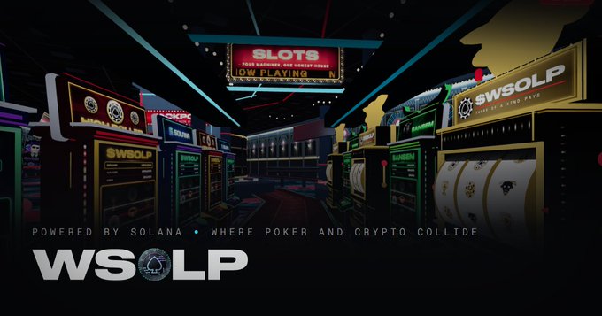 A promotional graphic for 'WSOLP' (World Series of Poker on Solana) showing a neon-lit casino interior with slot machines and the tagline 'POWERED BY SOLANA • WHERE POKER AND CRYPTO COLLIDE.'
