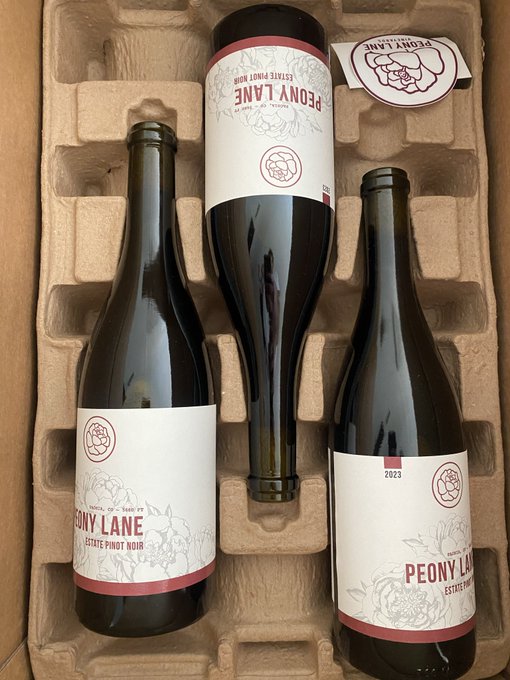 Three bottles of 'Peony Lane Estate Pinot Noir' wine from 'Barnamy's Etta Co.', vintage 2023, are displayed in a cardboard packaging tray with a matching label tag.