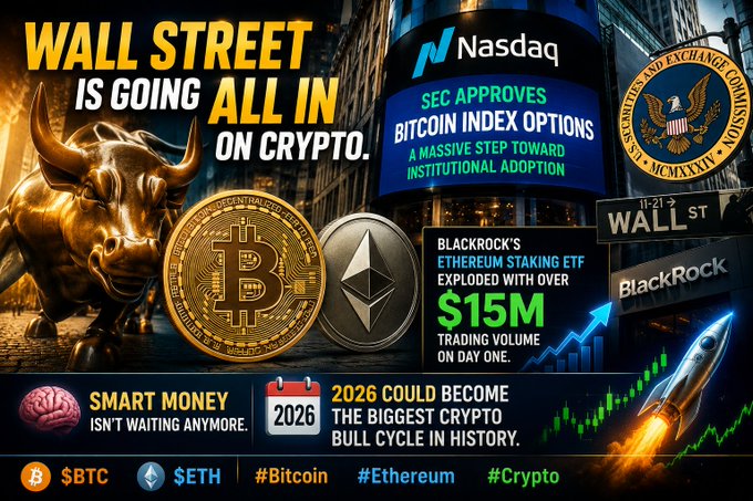 The image features a poster for Bitcoin Index Options that has been approved by the SEC, which is Wall Street's approval of Bitcoin Index options. The poster also includes information about Ethereum staking ETFs and their impressive trading volume.