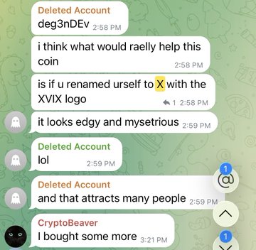 A Telegram chat screenshot shows a deleted account suggesting renaming oneself to "X" with the XVIX logo to make a coin look "edgy and mysterious," which would "attract many people," while user CryptoBeaver mentions buying more at 3:21 PM, tying into the post's discussion of $ZZZ as a potential Xdev_10s project.