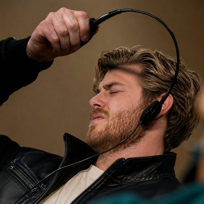 A man with a beard and blonde hair pulls off his black headphones, eyes closed, wearing a black leather jacket over a white shirt.