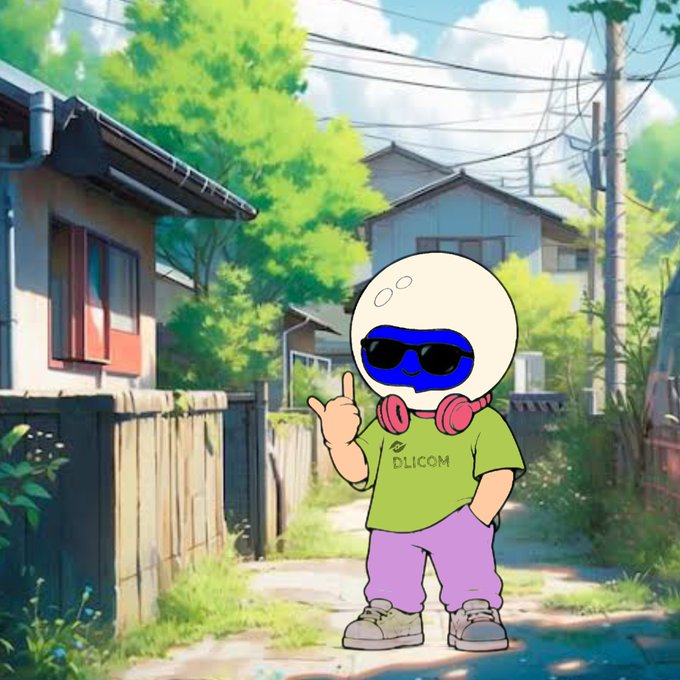 A stylish cartoon mascot wearing sunglasses and a green "DLICOM" shirt stands confidently on a sunlit neighborhood path, symbolizing the brand's journey through Web3 with a cool, community-driven vibe that matches the post's message about building and growing together in decentralized innovation.