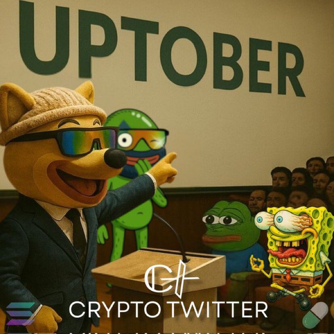 A Crypto Twitter meme titled 'UPTOBER' depicting a cartoon dog wearing sunglasses and a suit pointing at a podium, with Pepe and SpongeBob characters in the audience.