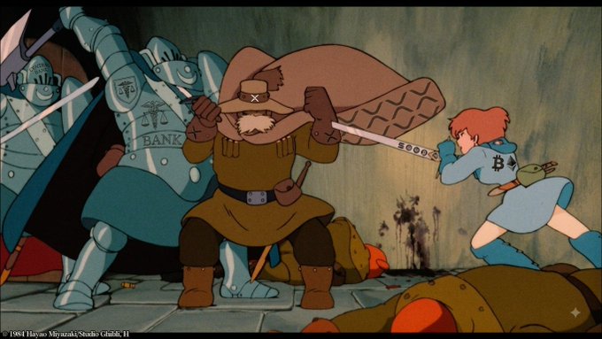 An animated scene showing a stout warrior wielding a large sword fighting armored knights, while a girl with red hair and a 'B' on her shirt charges forward alongside a small lizard.