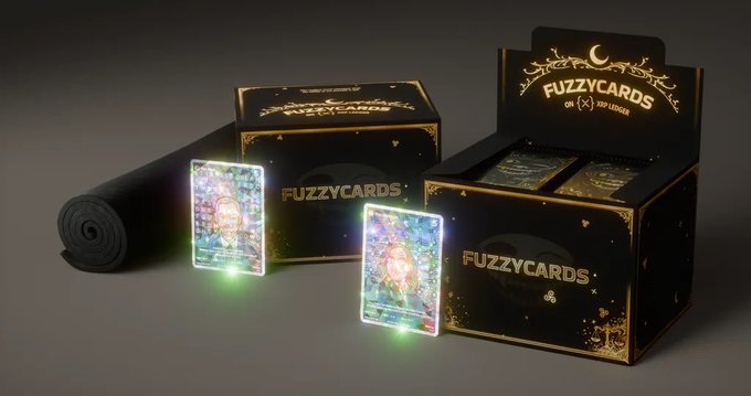A product rendering of 'FUZZYCARDS on XRP LEDGER,' showing black and gold display boxes, a rolled playmat, and two holographic trading cards glowing on a surface.