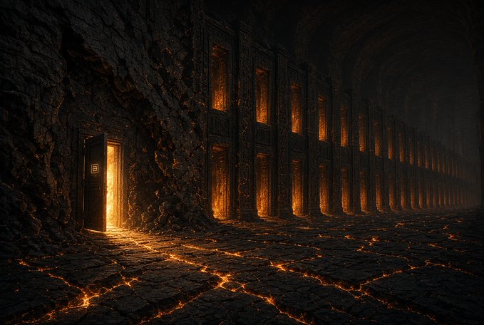 A dark, lava-lit corridor lined with towering, fire-filled doorways suggests a persistent, encrypted memory vault. A small plaque at the glowing entrance appears to read “16,” evoking Indelible’s on-chain MCP server for AI editors such as Cursor, Windsurf, and Copilot.